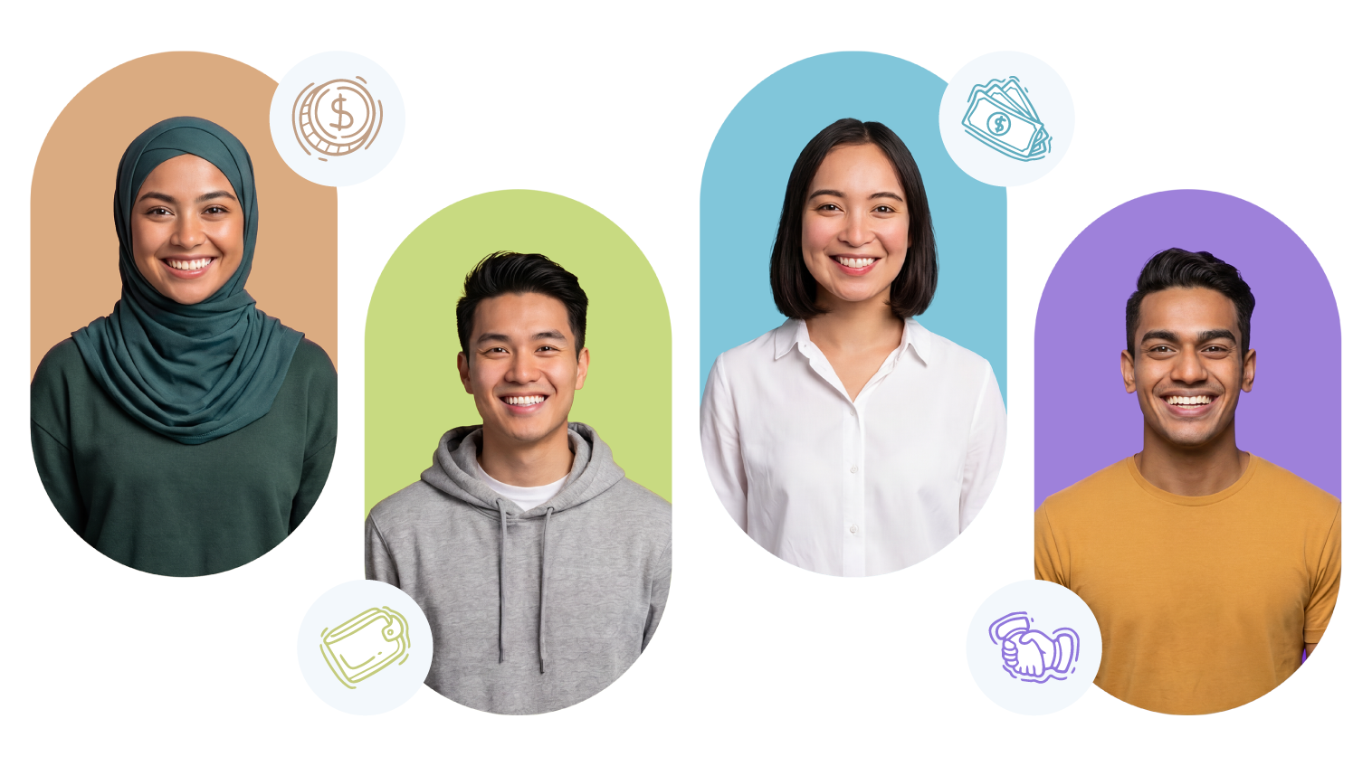 Malaysians of different ages smiling, surrounded by coin icons