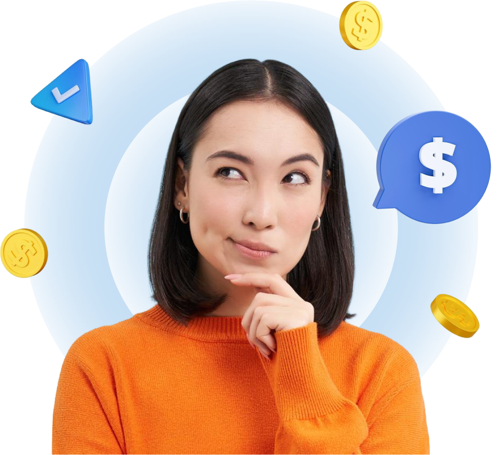 A woman thinking, surrounded by coins and a dollar sign