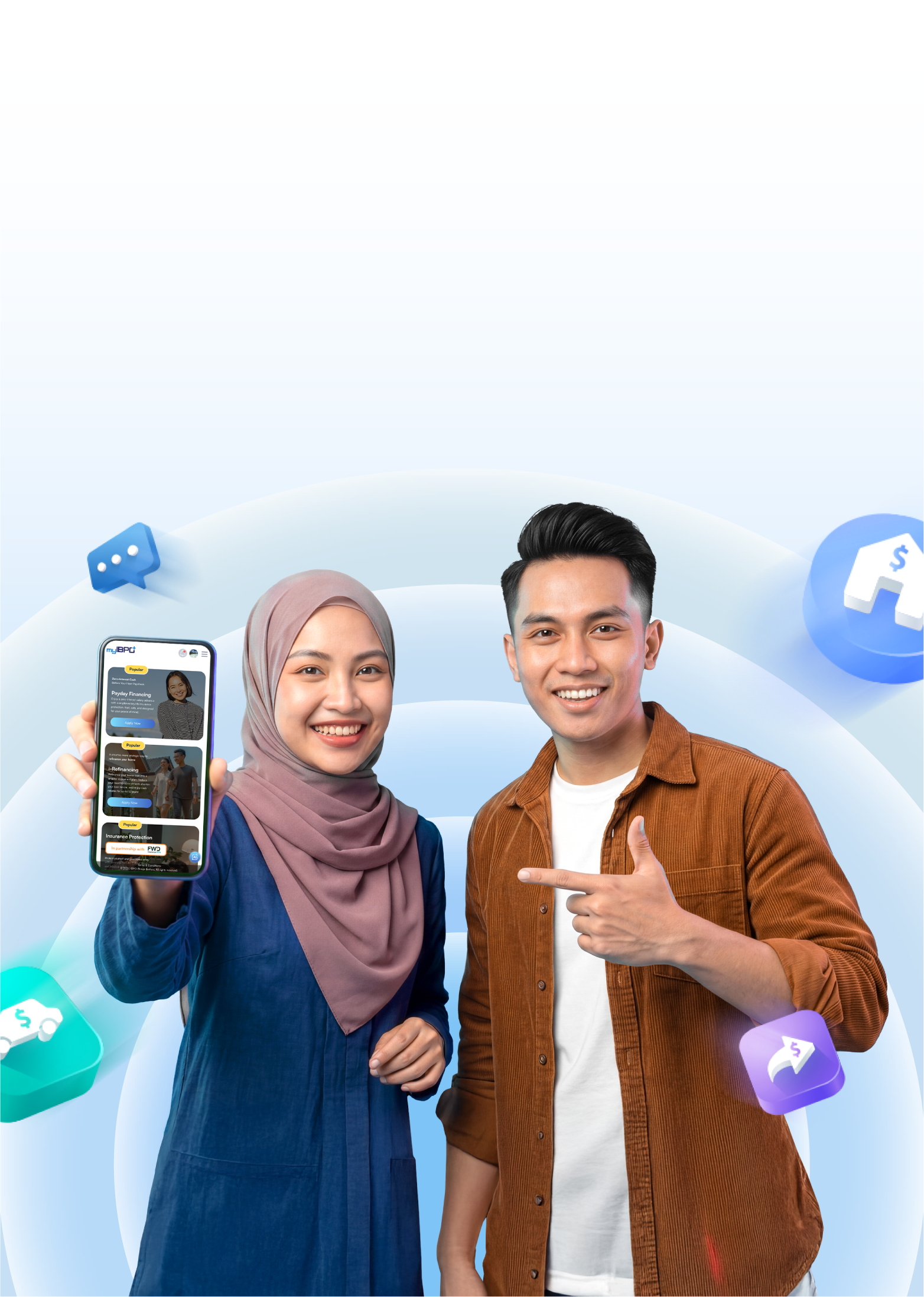 Two people sharing a phone showing the myIBPO+ app, surrounded by finance icons